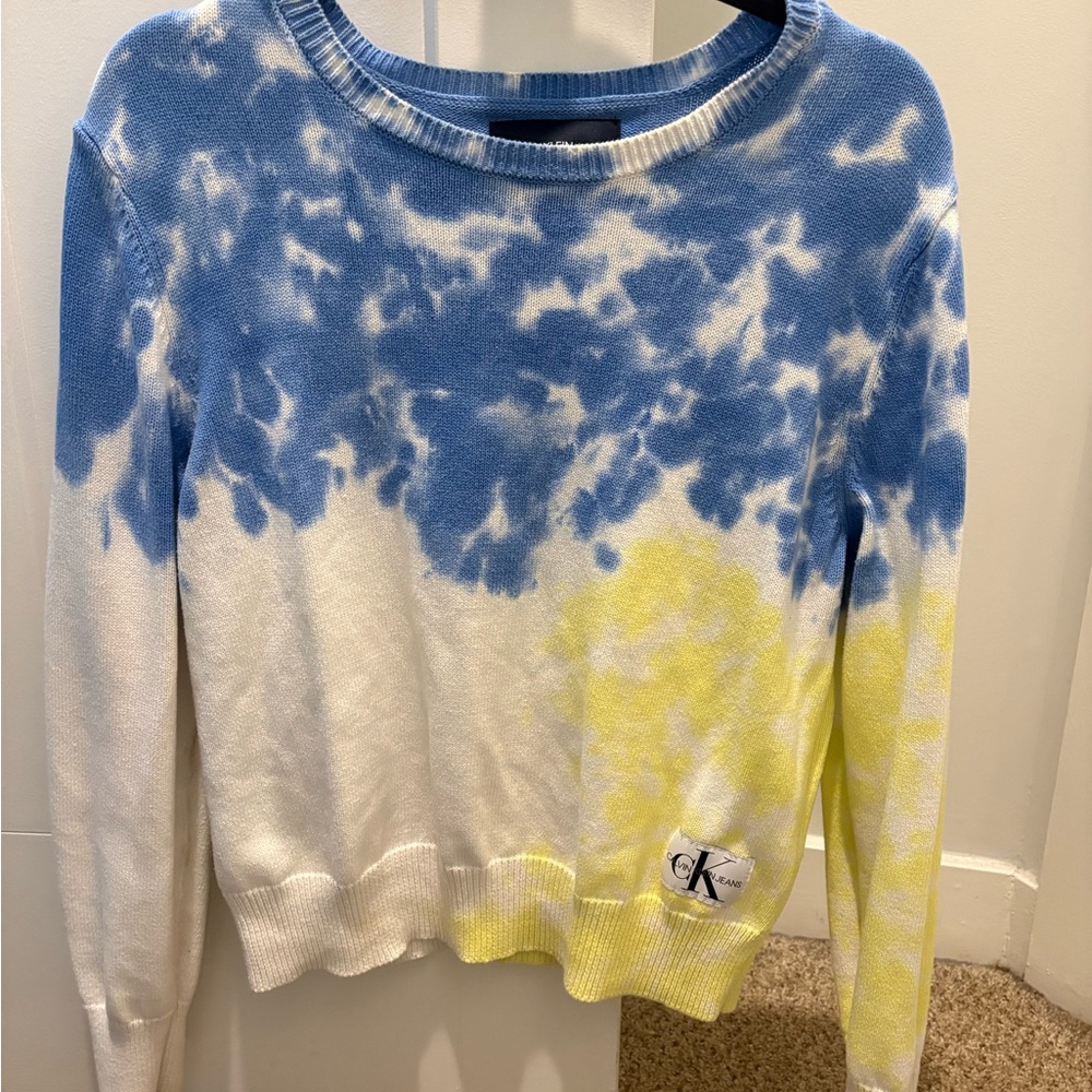 Calvin Klein Blue and Yellow Tie-Dye Crew Neck Sweater